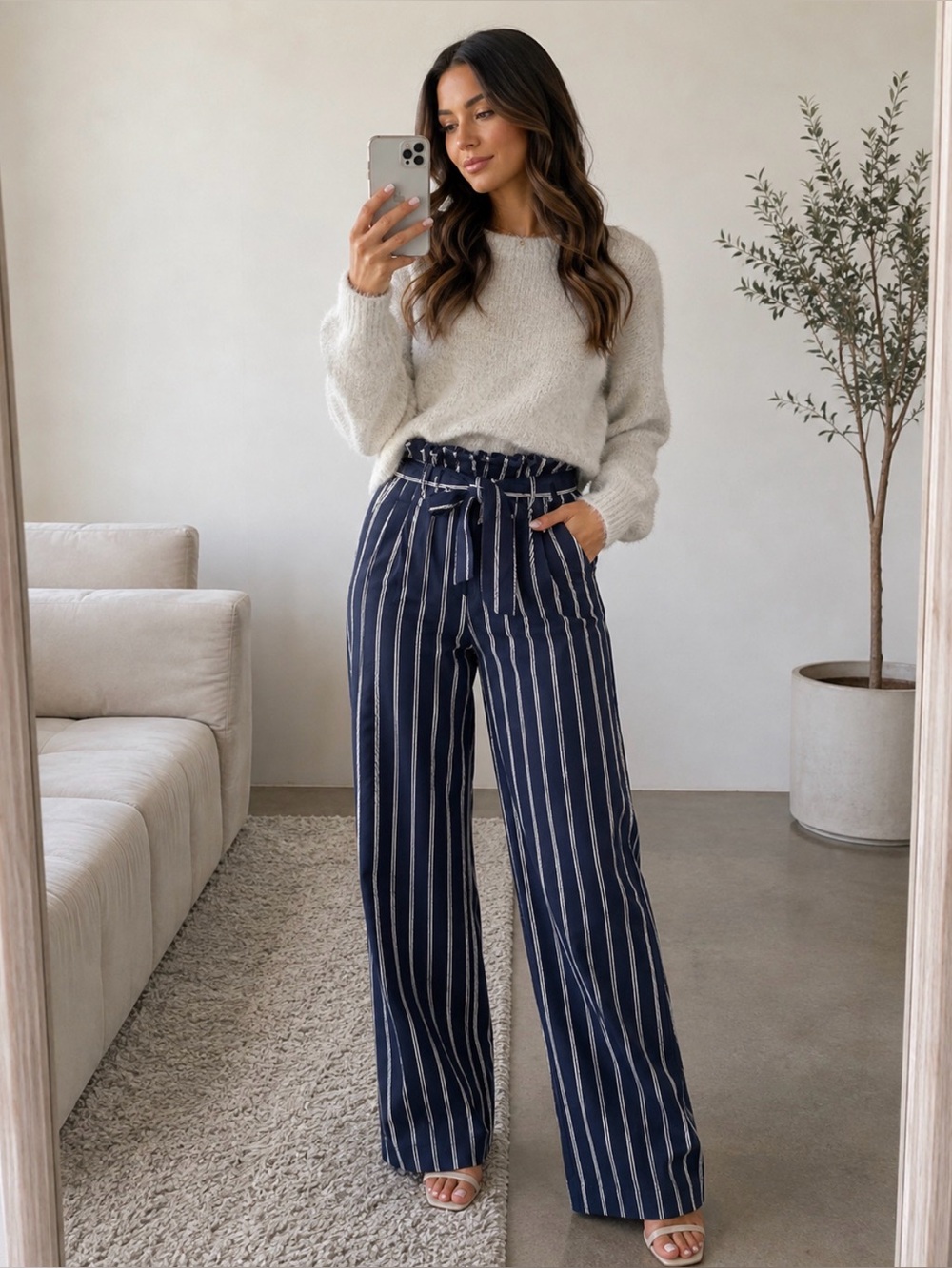 Express Navy and White Vertical-Stripe Wide-Leg Pants with Paperbag Waist